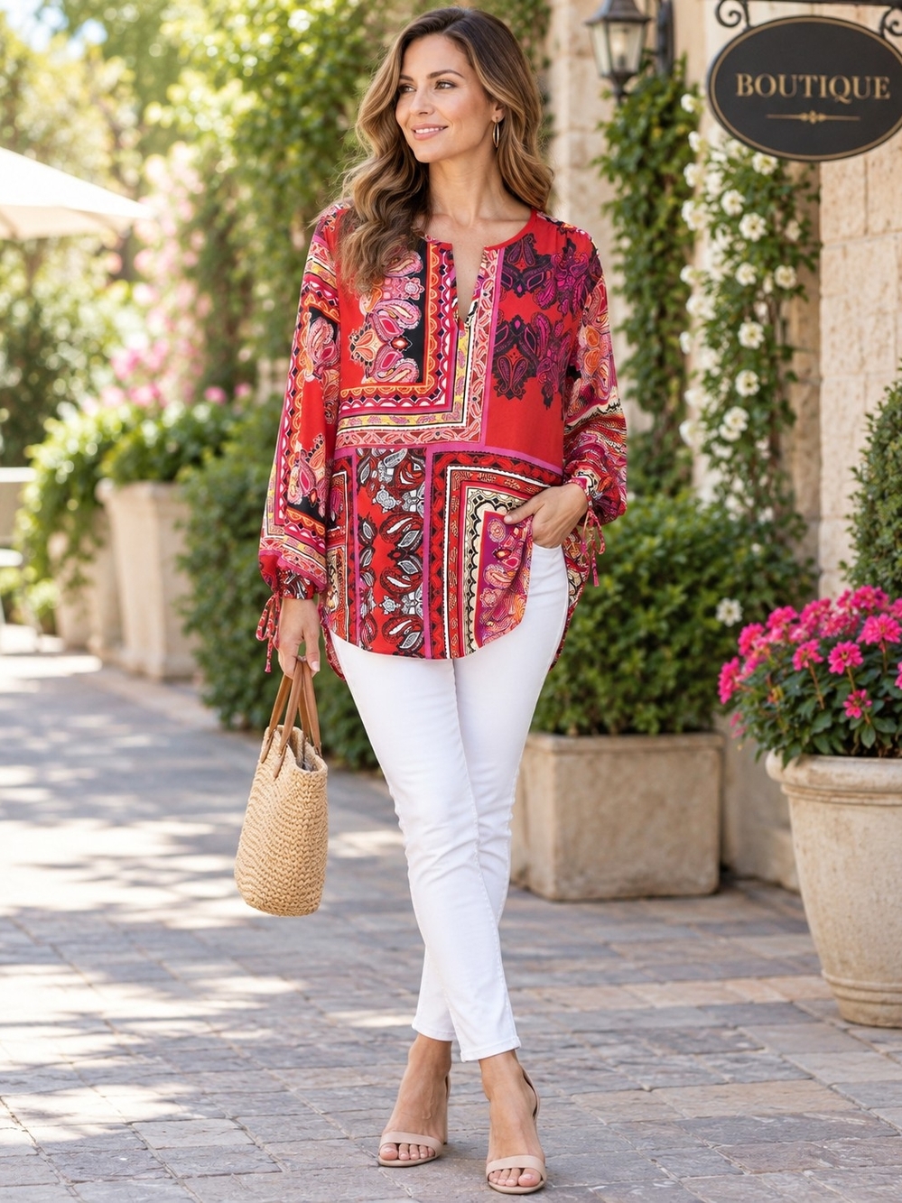 Chico's Red Patchwork Print Long-Sleeve Blouse